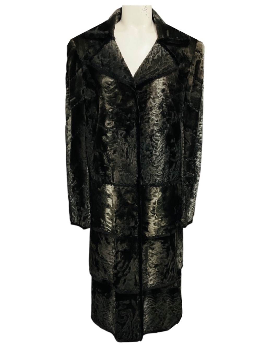 J. MENDEL DARK GREY KARAKUL LAMB FUR AND MINK FUR MID LENGTH COAT